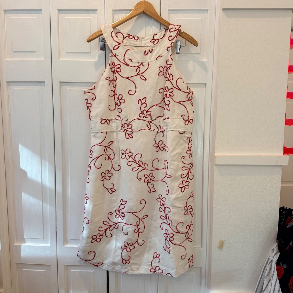 Willow Glenn White Linen Summer Wedding Red Floral Embroidered Sheath‎ Dress 16
